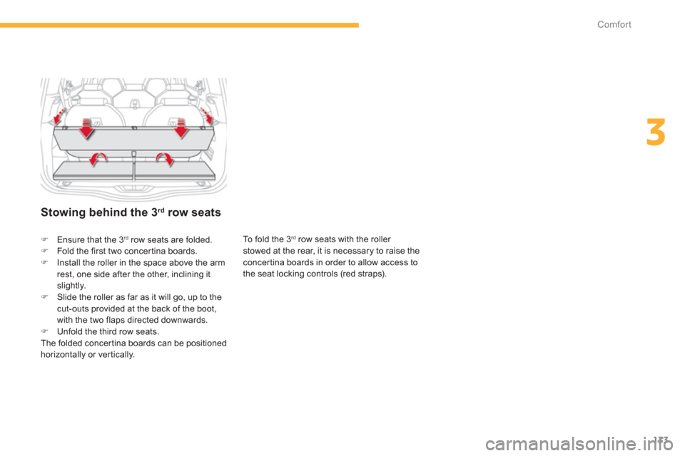Citroen C4 PICASSO 2013 1.G Owners Manual 133
3
Comfort
   
Stowing behind the 3 rd 
 row seats 
To fold the 3rdrow seats with the roller 
stowed at the rear, it is necessary to raise theconcertina boards in order to allow access to 
the seat