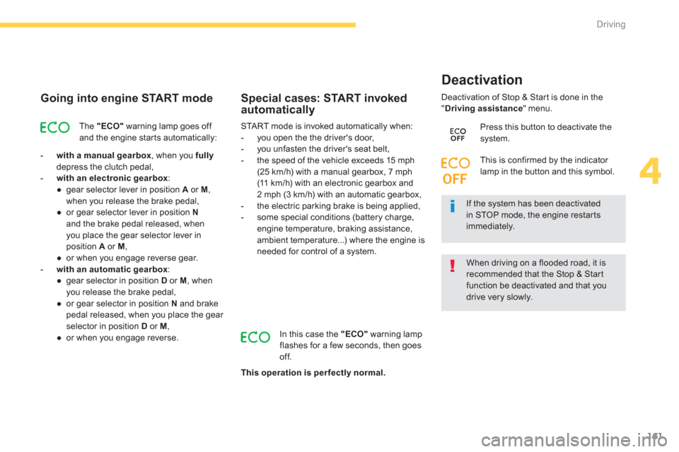 Citroen C4 PICASSO 2013 1.G Owners Manual 161
4
Driving
   
Going into engine START mode 
The "ECO"warning lamp goes off and the engine starts automatically: 
-with a manual gearbox 
, when you  fullydepress the clutch pedal,
   - 
  with an 