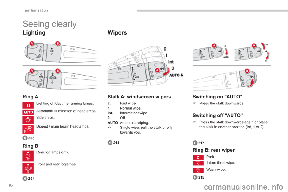 Citroen C4 PICASSO 2013 1.G Owners Manual 16
Familiarisation
  Seeing clearly 
Lighting
Ring A 
Rin
g B 
  Lighting off/daytime running lamps.
  Automatic illumination o
f headlamps.
 
Sidelamps. 
  Di
pped / main beam headlamps. 
21
5
203
20