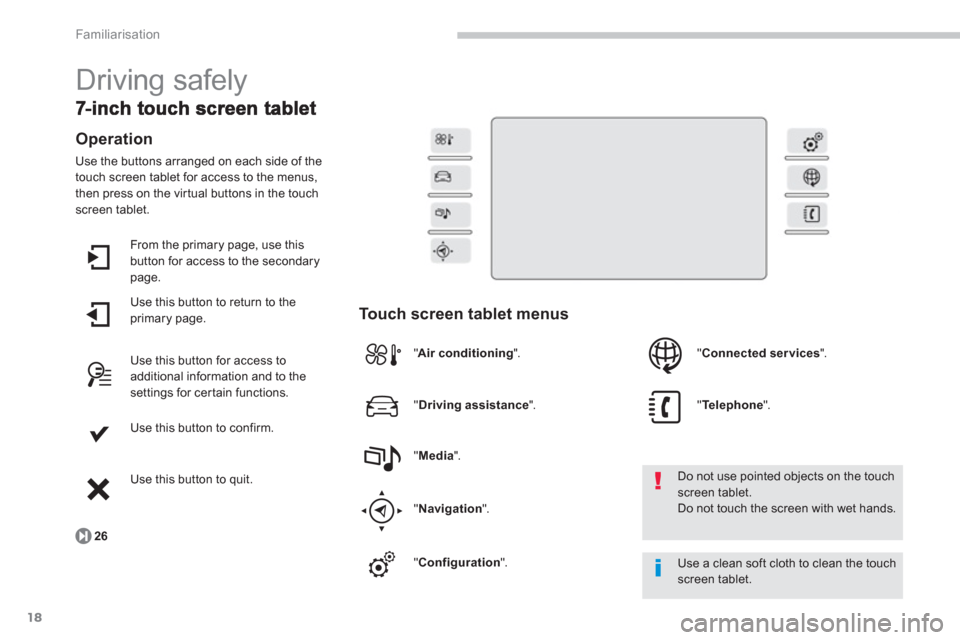 Citroen C4 PICASSO 2013 1.G Owners Manual 18
Familiarisation
  Driving safely 
Operation 
Use the buttons arranged on each side of the
touch screen tablet for access to the menus, 
then press on the vir tual buttons in the touch
screen tablet