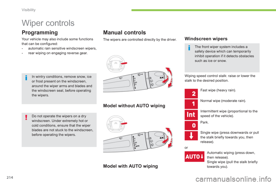 Citroen C4 PICASSO 2013 1.G Owners Manual 214
Visibility
   
 
 
 
 
 
 
 
Wiper controls 
Programming
Your vehicle may also include some functions
that can be configured:
-   automatic rain sensitive windscreen wipers, 
-  rear w
iping on en