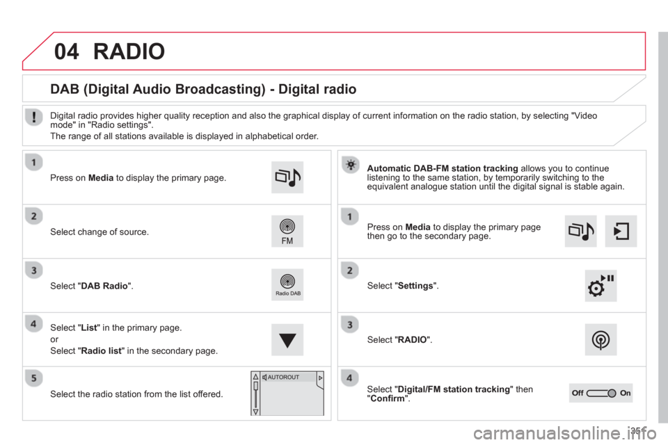 Citroen C4 PICASSO 2013 1.G Owners Manual 351
04RADIO
DAB (Digital Audio Broadcasting) - Digital radio
Automatic DAB-FM station tracking
allows you to continuelistening to the same station, by temporarily switching to Citroen C4 PICASSO 2013 1.G Owners Manual 351
04RADIO
DAB (Digital Audio Broadcasting) - Digital radio
Automatic DAB-FM station tracking
allows you to continuelistening to the same station, by temporarily switching to