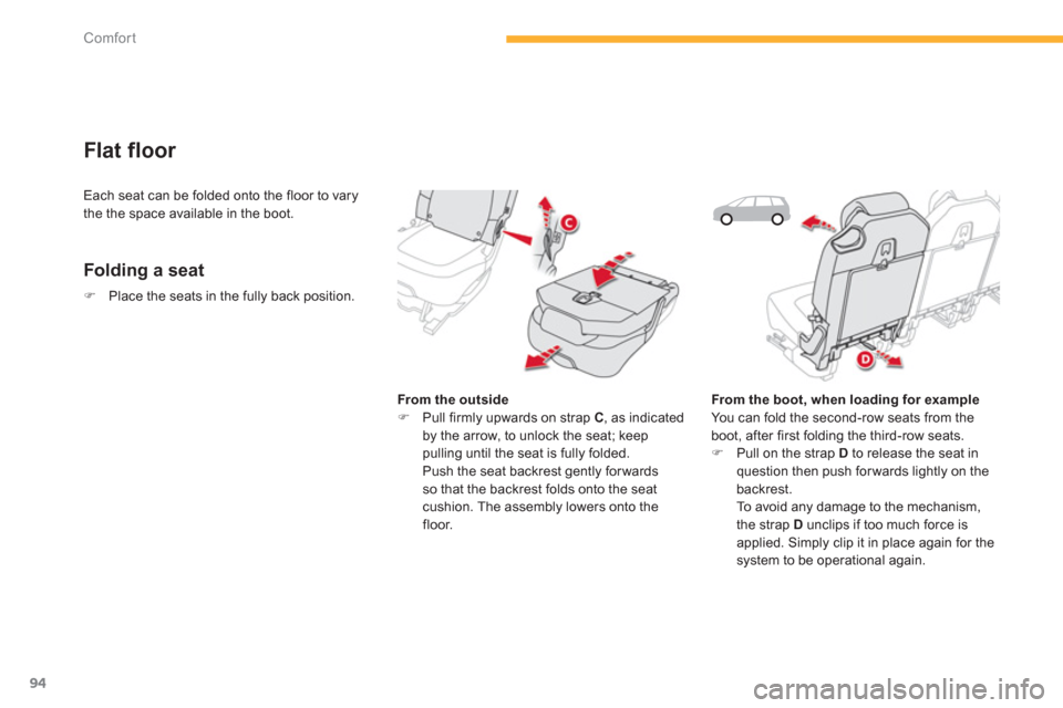 Citroen C4 PICASSO 2013 1.G Owners Manual 94
Comfort
Flat floor 
Folding a seat
From the outside�)   Pull firmly upwards on strap C, as indicated
by the arrow, to unlock the seat; keep 
pulling until the seat is fully folded.
  Push the seat 