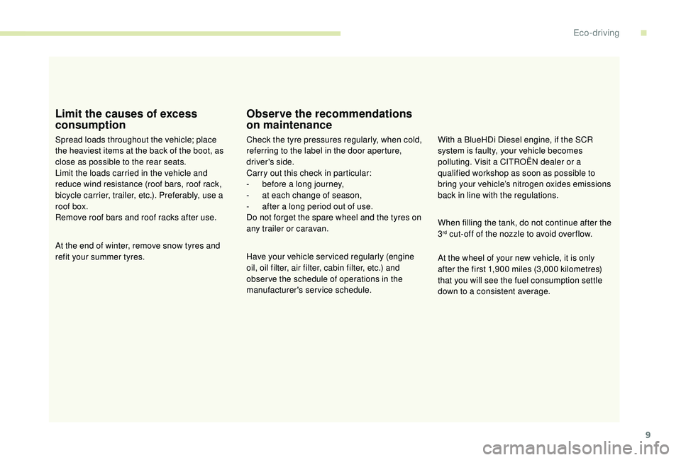 CITROEN BERLINGO VAN 2019 Handbook (in English) 9
Limit the causes of excess
consumption
Spread loads throughout the vehicle; place
the heaviest items at the back of the boot, as
close as possible to the rear seats.
Limit the loads carried in th CITROEN BERLINGO VAN 2019 Handbook (in English) 9
Limit the causes of excess
consumption
Spread loads throughout the vehicle; place
the heaviest items at the back of the boot, as
close as possible to the rear seats.
Limit the loads carried in th