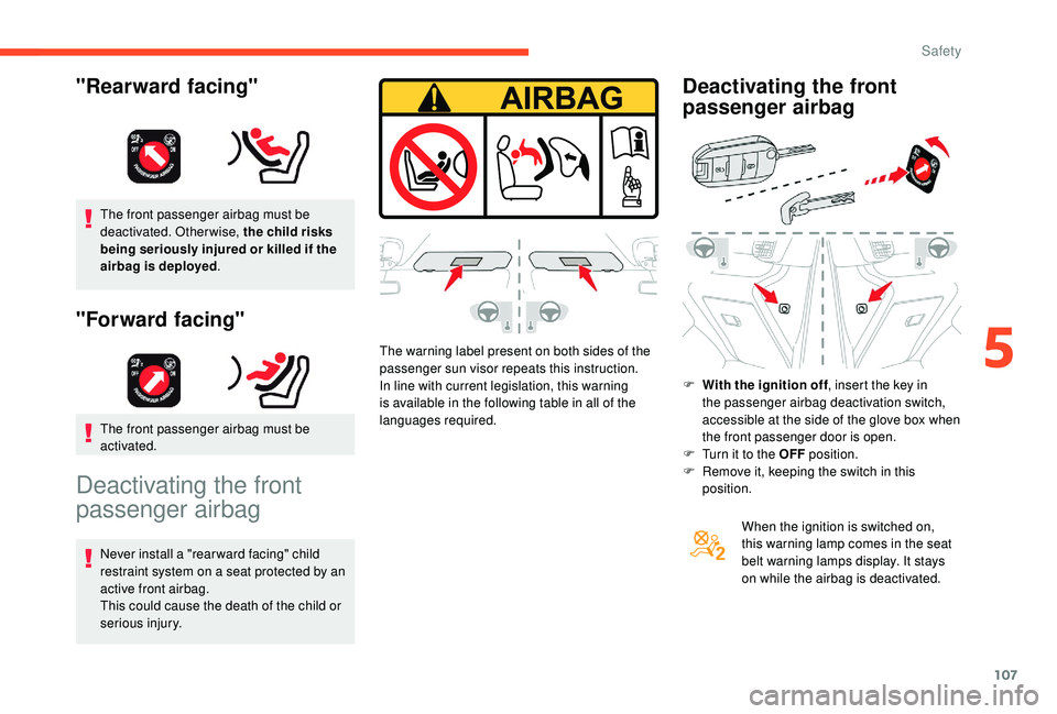 CITROEN BERLINGO VAN 2019 Handbook (in English) 107
The front passenger airbag must be
deactivated. Otherwise, the child risks
being seriously injured or killed if the
airbag is deployed.
"Forward facing"
The front passenger airbag must CITROEN BERLINGO VAN 2019 Handbook (in English) 107
The front passenger airbag must be
deactivated. Otherwise, the child risks
being seriously injured or killed if the
airbag is deployed.
"Forward facing"
The front passenger airbag must