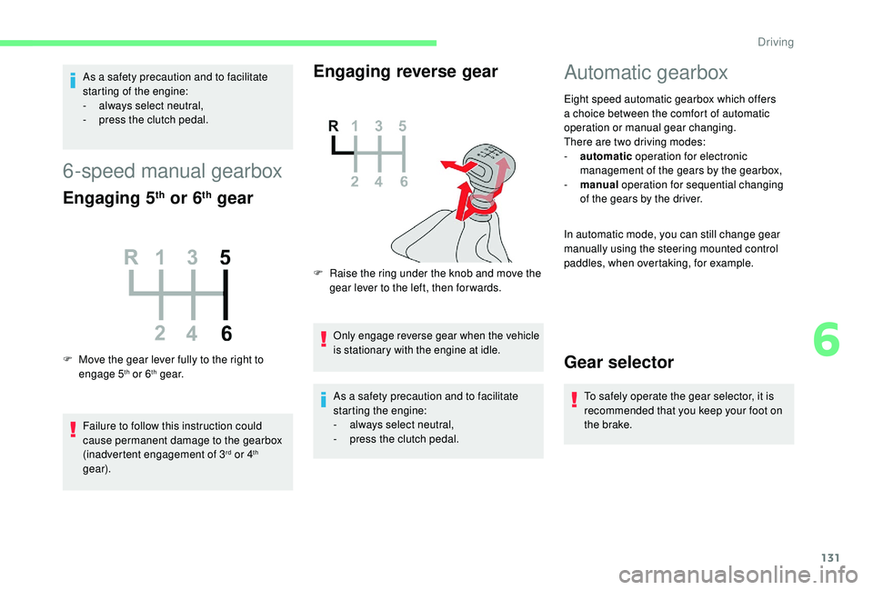 CITROEN BERLINGO VAN 2019 Handbook (in English) 131
As a safety precaution and to facilitate
starting of the engine:
-
a
lways select neutral,
-
p
ress the clutch pedal.
6-speed manual gearbox
Engaging 5th or 6th gear
F Move the gear lever fu CITROEN BERLINGO VAN 2019 Handbook (in English) 131
As a safety precaution and to facilitate
starting of the engine:
-
a
lways select neutral,
-
p
ress the clutch pedal.
6-speed manual gearbox
Engaging 5th or 6th gear
F Move the gear lever fu