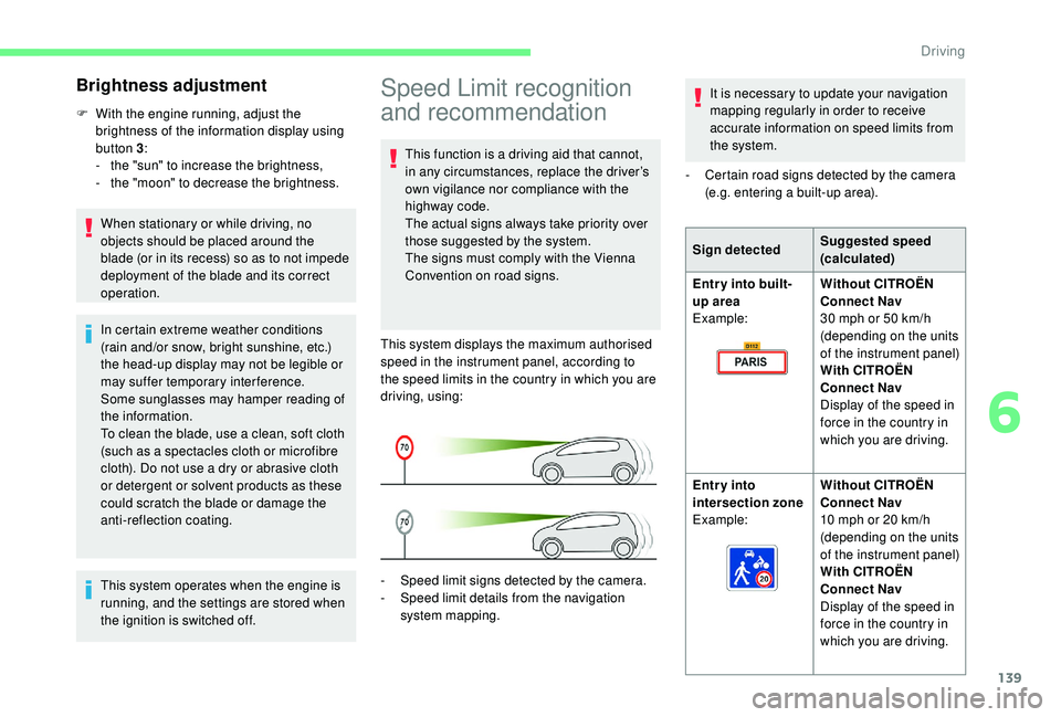 CITROEN BERLINGO VAN 2019  Handbook (in English) 139
Speed Limit recognition 
and recommendation
This function is a driving aid that cannot, 
in any circumstances, replace the driver’s 
own vigilance nor compliance with the 
highway code.
The actu