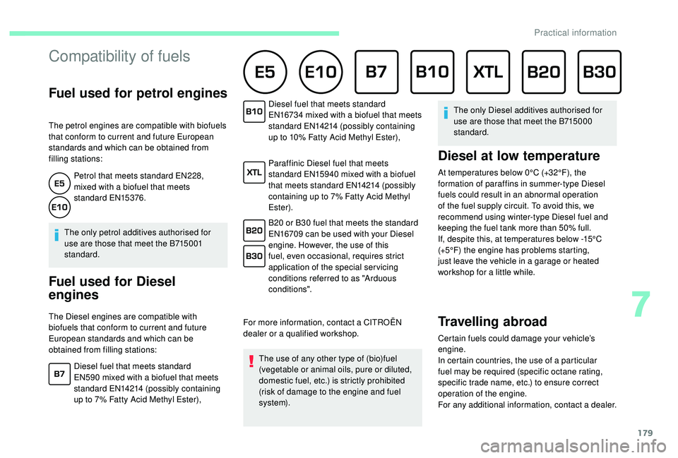 CITROEN BERLINGO VAN 2019 Handbook (in English) 179
Compatibility of fuels
Fuel used for petrol engines
The petrol engines are compatible with biofuels
that conform to current and future European
standards and which can be obtained from
filling CITROEN BERLINGO VAN 2019 Handbook (in English) 179
Compatibility of fuels
Fuel used for petrol engines
The petrol engines are compatible with biofuels
that conform to current and future European
standards and which can be obtained from
filling