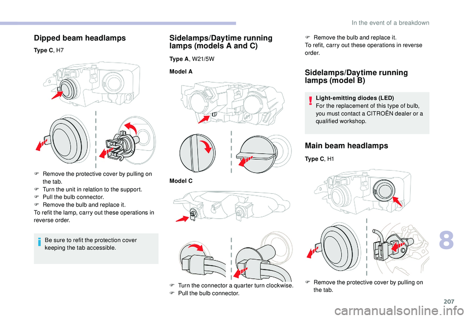 CITROEN BERLINGO VAN 2019 Handbook (in English) 207
Dipped beam headlamps
Ty p e C, H7
F
R
emove the protective cover by pulling on
the tab.
F
T
urn the unit in relation to the support.
F
P
ull the bulb connector.
F
R
emove the bulb a CITROEN BERLINGO VAN 2019 Handbook (in English) 207
Dipped beam headlamps
Ty p e C, H7
F
R
emove the protective cover by pulling on
the tab.
F
T
urn the unit in relation to the support.
F
P
ull the bulb connector.
F
R
emove the bulb a