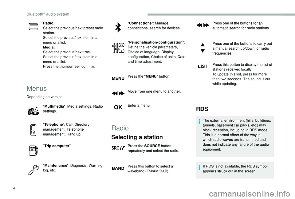 CITROEN BERLINGO VAN 2019 Handbook (in English) 4
Radio:
Select the previous/next preset radio
station.
Select the previous/next item in a
menu or a list.
Media:
Select the previous/next track.
Select the previous/next item in a
menu or a list.
CITROEN BERLINGO VAN 2019 Handbook (in English) 4
Radio:
Select the previous/next preset radio
station.
Select the previous/next item in a
menu or a list.
Media:
Select the previous/next track.
Select the previous/next item in a
menu or a list.
