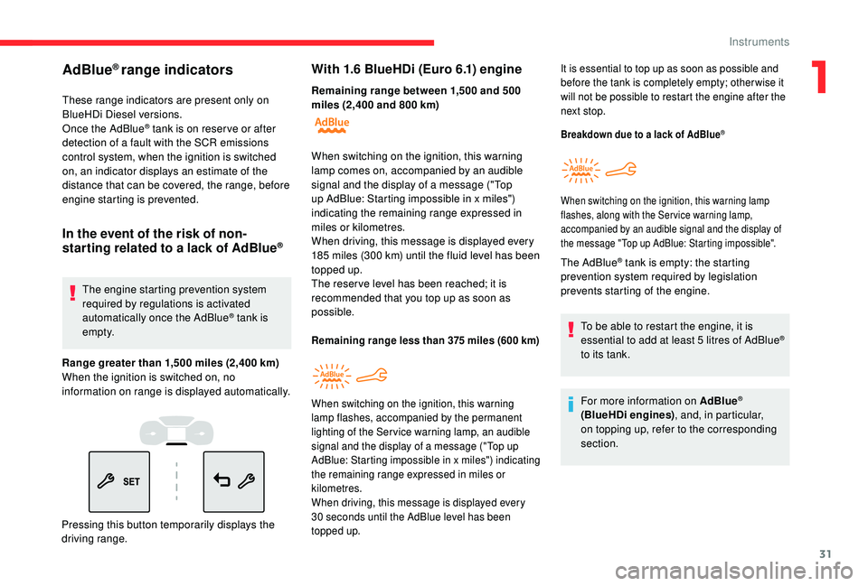 CITROEN BERLINGO VAN 2019 Handbook (in English) 31
AdBlue® range indicators
These range indicators are present only on
BlueHDi Diesel versions.
Once the AdBlue
® tank is on reser ve or after
detection of a fault with the SCR emissions
control CITROEN BERLINGO VAN 2019 Handbook (in English) 31
AdBlue® range indicators
These range indicators are present only on
BlueHDi Diesel versions.
Once the AdBlue
® tank is on reser ve or after
detection of a fault with the SCR emissions
control