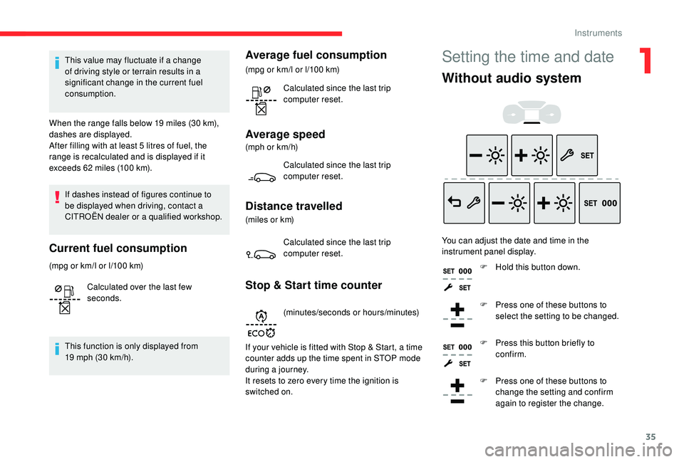 CITROEN BERLINGO VAN 2019 Handbook (in English) 35
This value may fluctuate if a change
of driving style or terrain results in a
significant change in the current fuel
consumption.
When the range falls below 19
miles (30 km),
dashes are dis CITROEN BERLINGO VAN 2019 Handbook (in English) 35
This value may fluctuate if a change
of driving style or terrain results in a
significant change in the current fuel
consumption.
When the range falls below 19
miles (30 km),
dashes are dis
