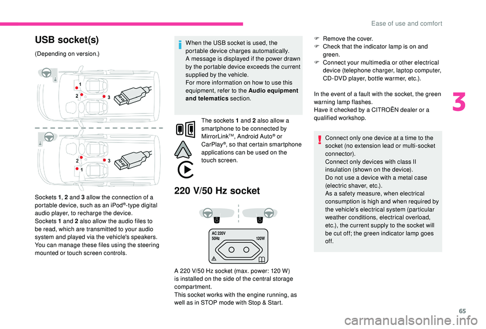 CITROEN BERLINGO VAN 2019 Handbook (in English) 65
AC 220V
50Hz120W
USB socket(s)
(Depending on version.)
Sockets 1, 2 and 3 allow the connection of a
portable device, such as an iPod
®-type digital
audio player, to recharge the device.
Sockets CITROEN BERLINGO VAN 2019 Handbook (in English) 65
AC 220V
50Hz120W
USB socket(s)
(Depending on version.)
Sockets 1, 2 and 3 allow the connection of a
portable device, such as an iPod
®-type digital
audio player, to recharge the device.
Sockets