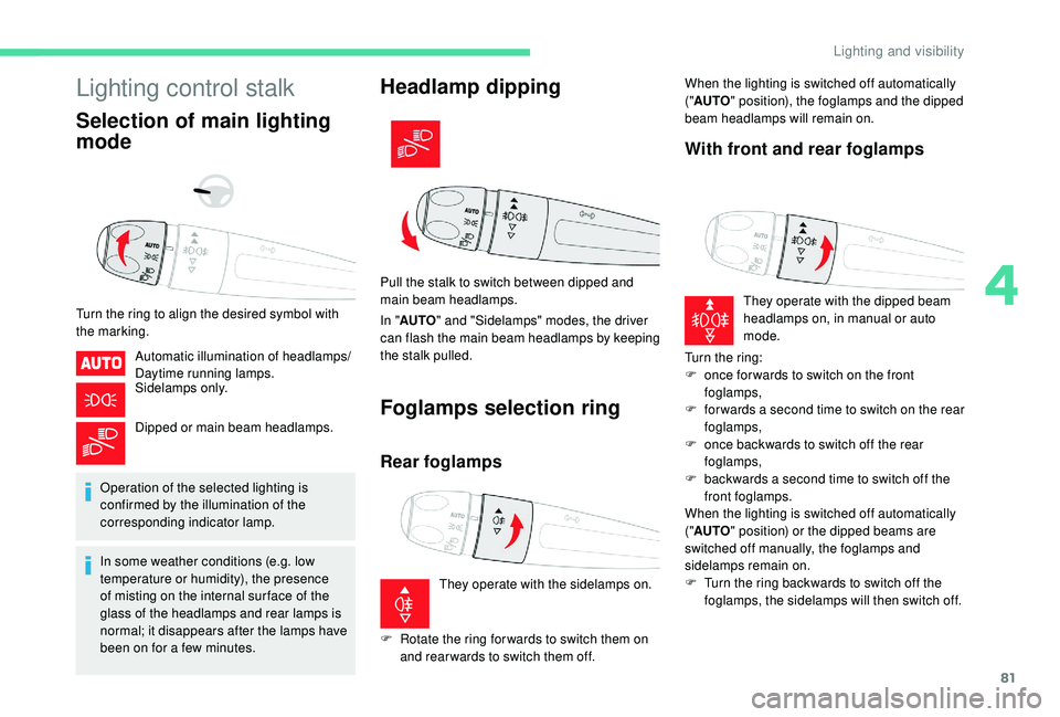 CITROEN BERLINGO VAN 2019  Handbook (in English) 81
Lighting control stalk
Selection of main lighting 
mode
Turn the ring to align the desired symbol with 
the marking.Automatic illumination of headlamps/
Daytime running lamps.
Sidelamps only.
Dippe