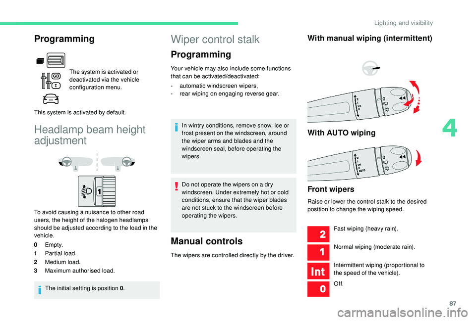 CITROEN BERLINGO VAN 2019 Handbook (in English) 87
Headlamp beam height
adjustment
To avoid causing a nuisance to other road
users, the height of the halogen headlamps
should be adjusted according to the load in the
vehicle.
0 Em pt y.
1 Partia CITROEN BERLINGO VAN 2019 Handbook (in English) 87
Headlamp beam height
adjustment
To avoid causing a nuisance to other road
users, the height of the halogen headlamps
should be adjusted according to the load in the
vehicle.
0 Em pt y.
1 Partia