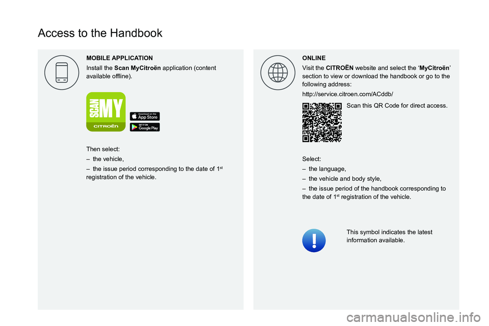 CITROEN C5 AIRCROSS 2022 Handbook (in English)
Access to the Handbook
MOBILE
Install the Scan MyCitro\353n application (content
004400590044004C004F00440045004F0048000300521089004C00510048000C0011 ONLINE
Visit the CITRO CITROEN C5 AIRCROSS 2022 Handbook (in English)
Access to the Handbook
MOBILE
Install the Scan MyCitro\353n application (content
004400590044004C004F00440045004F0048000300521089004C00510048000C0011 ONLINE
Visit the CITRO