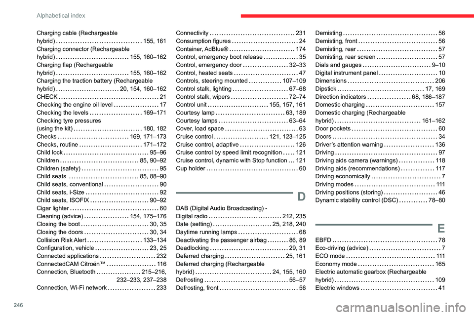 CITROEN C5 AIRCROSS 2022 Handbook (in English) 246
Alphabetical index
Charging cable (Rechargeable
hybrid)
155, 161
Charging connector (Rechargeable
hybrid)
155, 160–162
Charging flap (Rechargeable
hybrid)
155, 160–162
Cha CITROEN C5 AIRCROSS 2022 Handbook (in English) 246
Alphabetical index
Charging cable (Rechargeable
hybrid)
155, 161
Charging connector (Rechargeable
hybrid)
155, 160–162
Charging flap (Rechargeable
hybrid)
155, 160–162
Cha