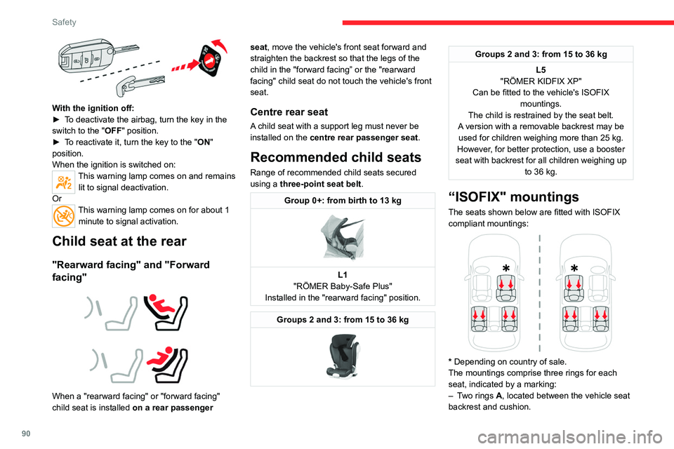 CITROEN C5 AIRCROSS 2022  Handbook (in English) 90
Safety
 
With the ignition off:
► T o deactivate the airbag, turn the key in the 
switch to the "OFF " position. 
►
 
T
 o reactivate it, turn the key to the "ON" 
position.
Whe