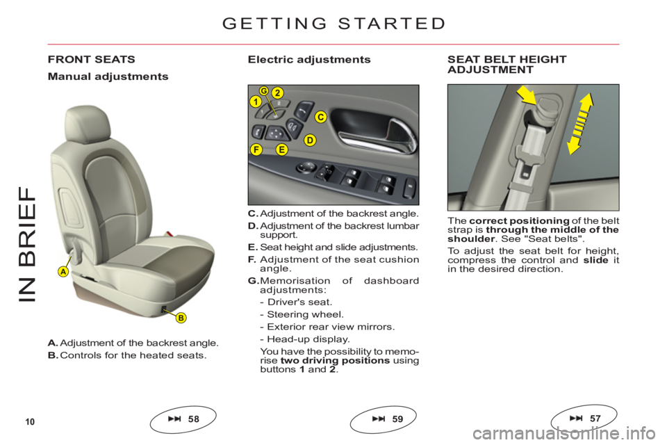 CITROEN C6 2012  Handbook (in English) 10
A
B
FED
C
21G
IN BRIE
F
FRONT SEATS
C.Adjustment of the backrest angle.
D. Adjustment of the backrest lumbar support.
E.Seat height and slide adjustments.
F
. Adjustment of the seat cushion 
angle.