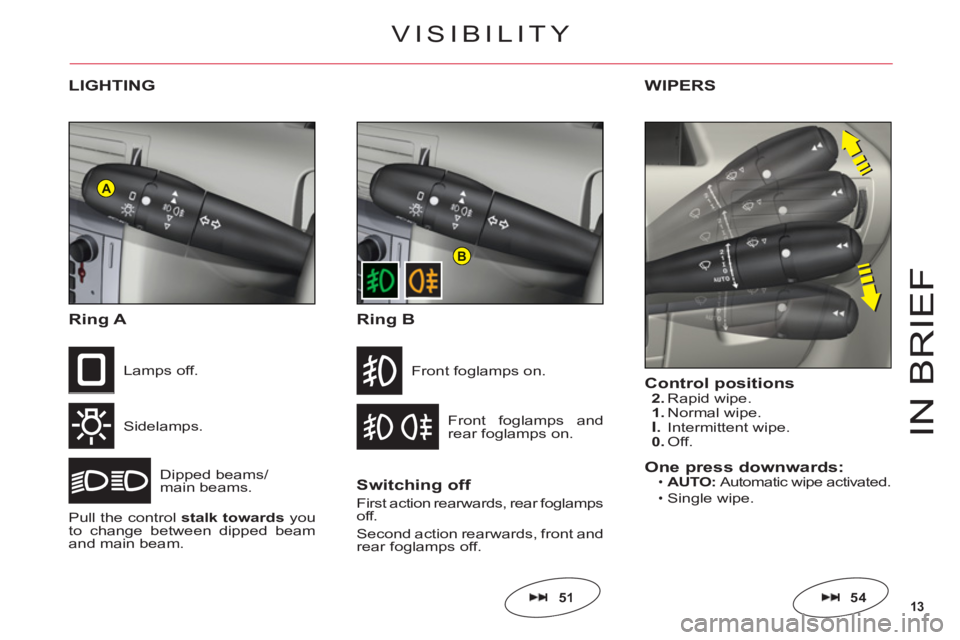 CITROEN C6 2012  Handbook (in English) 13
A
B
IN BRIE
F
LIGHTING
Ring A
Sidelamps.
Dipped beams/
main beams. Lam
ps off.
Pull the controlstalktowards you
to change between dipped beamand main beam.Front 
foglamps and 
rear foglamps on.
Fro