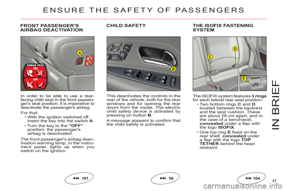 CITROEN C6 2012  Handbook (in English) 17
D
C
E
B
A
IN BRIE
F
FRONT PASSENGERS
AIRBAG DEACTIVATIONCHILD SAFETYTHE ISOFIX FASTENING
SYSTEM
In order to be able to use a rear-facing child seat in the front passen-gers seat position, it is i