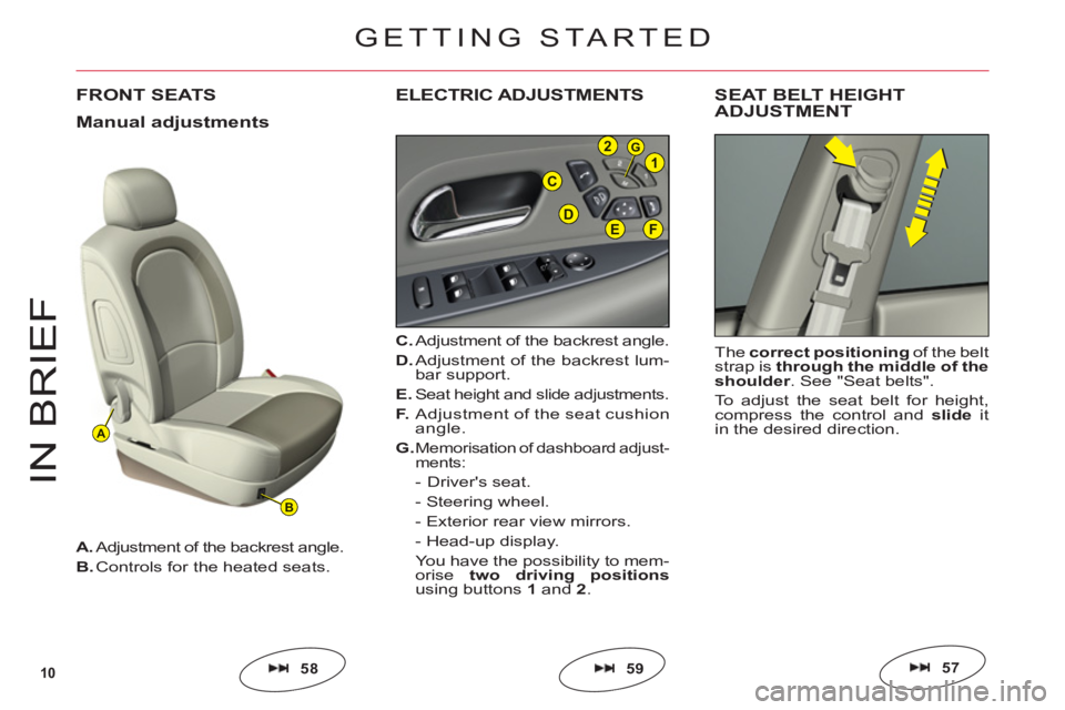 CITROEN C6 DAG 2012  Handbook (in English) 10
A
B
C
EFD
G21
IN BRIE
F
FRONT SEATS
C.Adjustment of the backrest angle.
D. Adjustment of the backrest lum-bar support.
E.Seat height and slide adjustments.
F. Adjustment of the seat cushion 
angle.