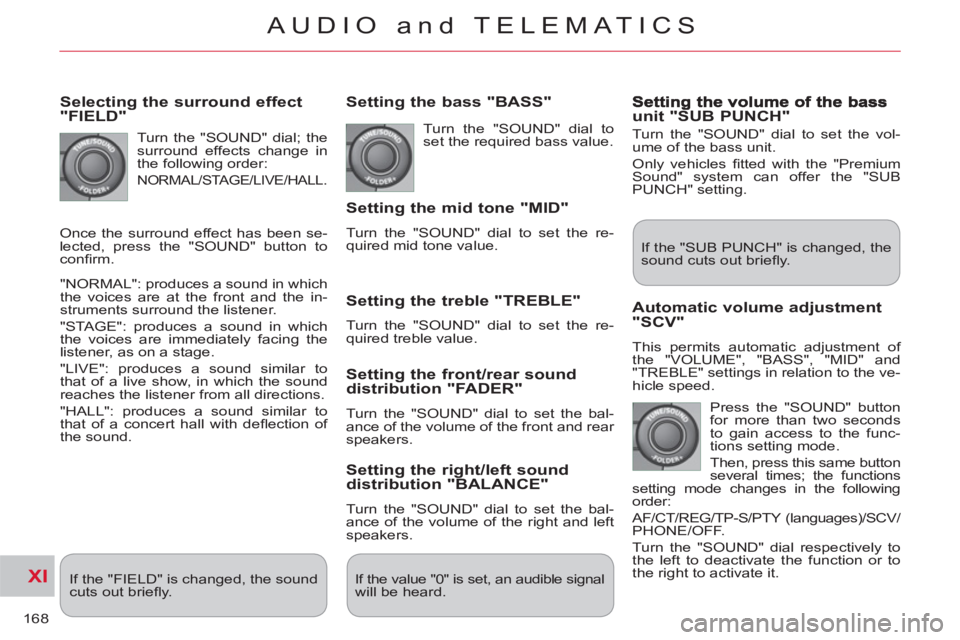 CITROEN C-CROSSER 2012 Handbook (in English) XI
168
AUDIO and TELEMATICS
Selecting the surround effect "FIELD"
Turn the "SOUND" dial; the
surround effects change in
the following order:
NORMAL/STAGE/LIVE/HALL.
"NORMAL": produces a CITROEN C-CROSSER 2012 Handbook (in English) XI
168
AUDIO and TELEMATICS
Selecting the surround effect "FIELD"
Turn the "SOUND" dial; the
surround effects change in
the following order:
NORMAL/STAGE/LIVE/HALL.
"NORMAL": produces a