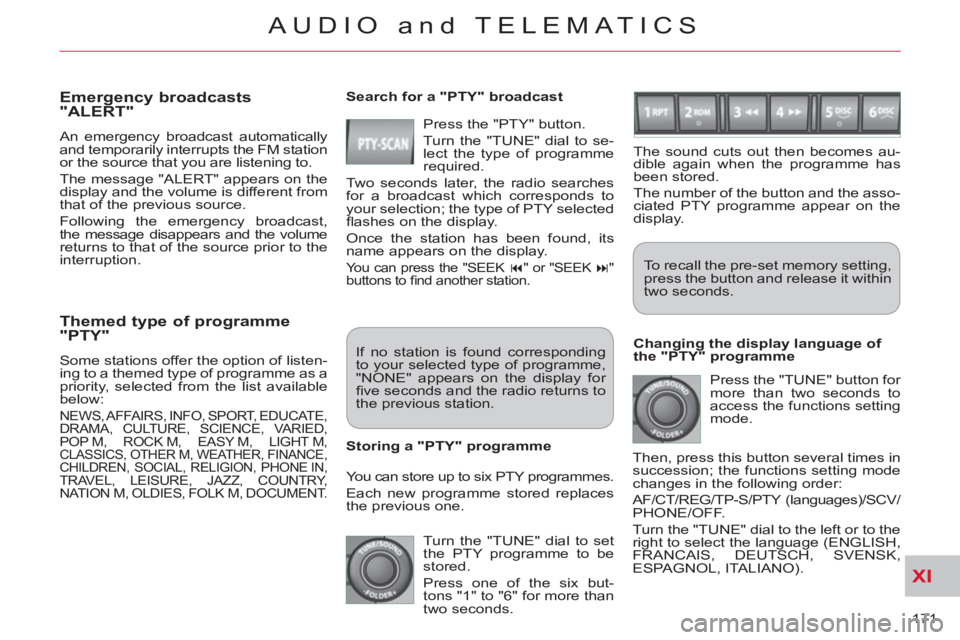 CITROEN C-CROSSER 2012 Handbook (in English) XI
171
AUDIO and TELEMATICS
Themed type of programme
"PTY"
Some stations offer the option of listen-
ing to a themed type of programme as a
priority, selected from the list available
below:
CITROEN C-CROSSER 2012 Handbook (in English) XI
171
AUDIO and TELEMATICS
Themed type of programme
"PTY"
Some stations offer the option of listen-
ing to a themed type of programme as a
priority, selected from the list available
below: