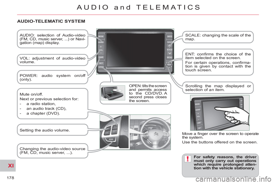 CITROEN C-CROSSER 2012 Handbook (in English) XI
!
178
AUDIO and TELEMATICS
AUDIO: selection of Audio-video
(FM, CD, music server, ...) or Navi-
gation (map) display.
VOL: adjustment of audio-video
volume.
OPEN: tilts the screen CITROEN C-CROSSER 2012 Handbook (in English) XI
!
178
AUDIO and TELEMATICS
AUDIO: selection of Audio-video
(FM, CD, music server, ...) or Navi-
gation (map) display.
VOL: adjustment of audio-video
volume.
OPEN: tilts the screen