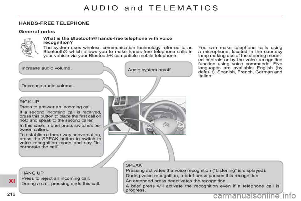 CITROEN C-CROSSER 2012 Handbook (in English) XI
216
AUDIO and TELEMATICS
What is the Bluetooth® hands-free telephone with voice
recognition?
SPEAK
Pressing activates the voice recognition (“Listening” is displayed).
During voi CITROEN C-CROSSER 2012 Handbook (in English) XI
216
AUDIO and TELEMATICS
What is the Bluetooth® hands-free telephone with voice
recognition?
SPEAK
Pressing activates the voice recognition (“Listening” is displayed).
During voi