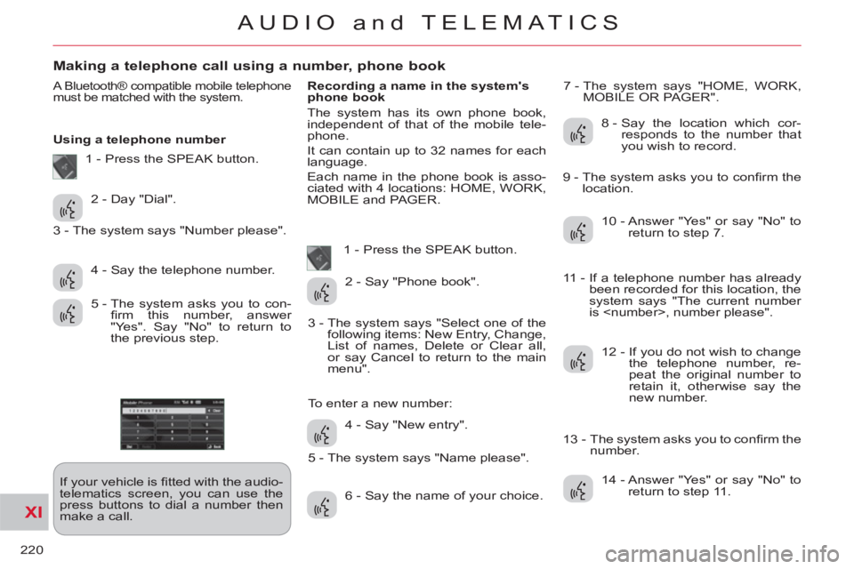CITROEN C-CROSSER 2012 Handbook (in English) XI
220
AUDIO and TELEMATICS
Making a telephone call using a number, phone book
A Bluetooth® compatible mobile telephone
must be matched with the system.
Using a telephone number
If your v CITROEN C-CROSSER 2012 Handbook (in English) XI
220
AUDIO and TELEMATICS
Making a telephone call using a number, phone book
A Bluetooth® compatible mobile telephone
must be matched with the system.
Using a telephone number
If your v