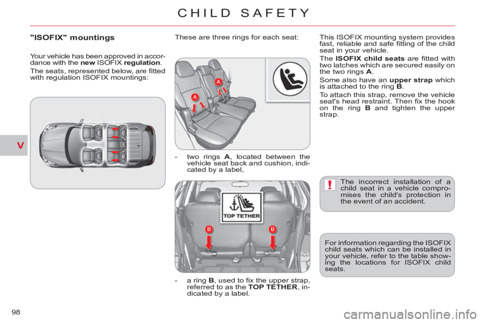 CITROEN C-CROSSER 2012  Handbook (in English) V
!
CHILD SAFETY
98
  The incorrect installation of a 
child seat in a vehicle compro-
mises the childs protection in 
the event of an accident. 
  For information regarding the ISOFIX 
child seats w
