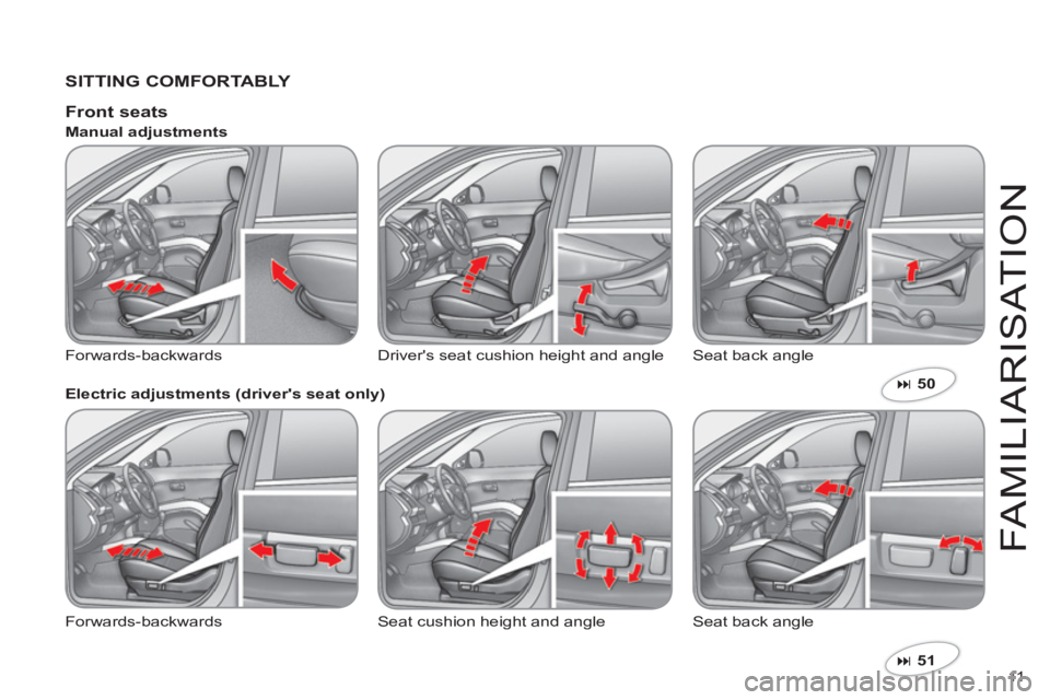 CITROEN C-CROSSER DAG 2012  Handbook (in English) 11  
FAMILIARI
S
AT I
ON
   SITTING COMFORTABLY  
�51  
 
 
 
 
Front seats 
 
Forwards-backwardsDrivers seat cushion height and angle  Seat back angle    
Manual adjustments 
   
Electric adjustmen