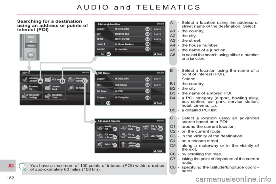 CITROEN C-CROSSER DAG 2012 Handbook (in English) XI
182
AUDIO and TELEMATICS
B - Select a location using the name of a
point of interest (POI).
Select:
B1 - the country,
B2 - the city,
B3 - the name of a stored POI,
B4 - a PO CITROEN C-CROSSER DAG 2012 Handbook (in English) XI
182
AUDIO and TELEMATICS
B - Select a location using the name of a
point of interest (POI).
Select:
B1 - the country,
B2 - the city,
B3 - the name of a stored POI,
B4 - a PO