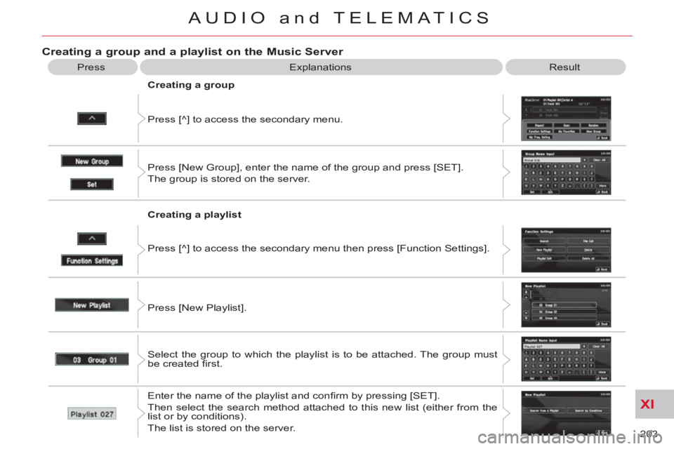 CITROEN C-CROSSER DAG 2012  Handbook (in English) XI
203 
AUDIO and TELEMATICS
Creating a group and a playlist on the Music Server 
  Explanations  Result 
  Press [^] to access the secondary menu.     
Creating a group 
  Press [New Group], enter th