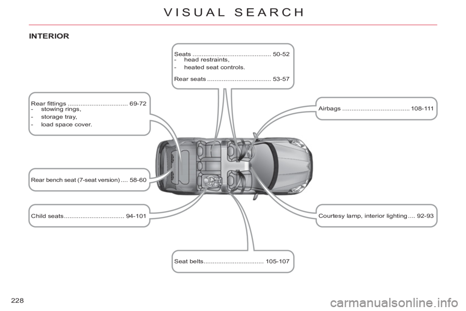 CITROEN C-CROSSER DAG 2012 Handbook (in English) 228
VISUAL SEARCH
Rear fi ttings ................................. 69-72
- stowing rings,
- storage tray,
- load space cover.
Child seats ............................ CITROEN C-CROSSER DAG 2012 Handbook (in English) 228
VISUAL SEARCH
Rear fi ttings ................................. 69-72
- stowing rings,
- storage tray,
- load space cover.
Child seats ............................