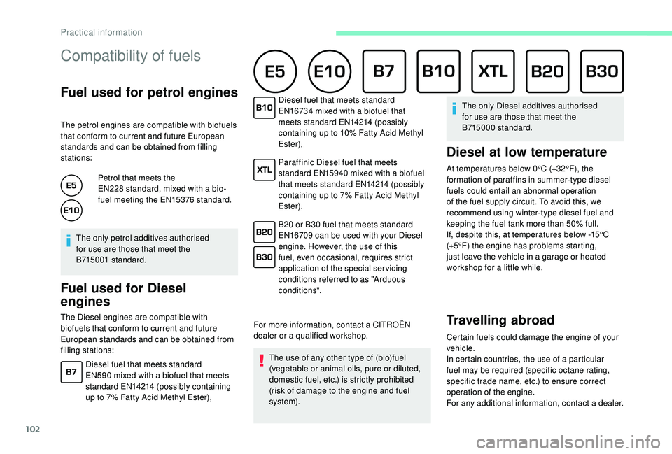 CITROEN C-ELYSÉE 2022  Handbook (in English) 102
Compatibility of fuels
Fuel used for petrol engines
The petrol engines are compatible with biofuels 
that conform to current and future European 
standards and can be obtained from filling 
statio