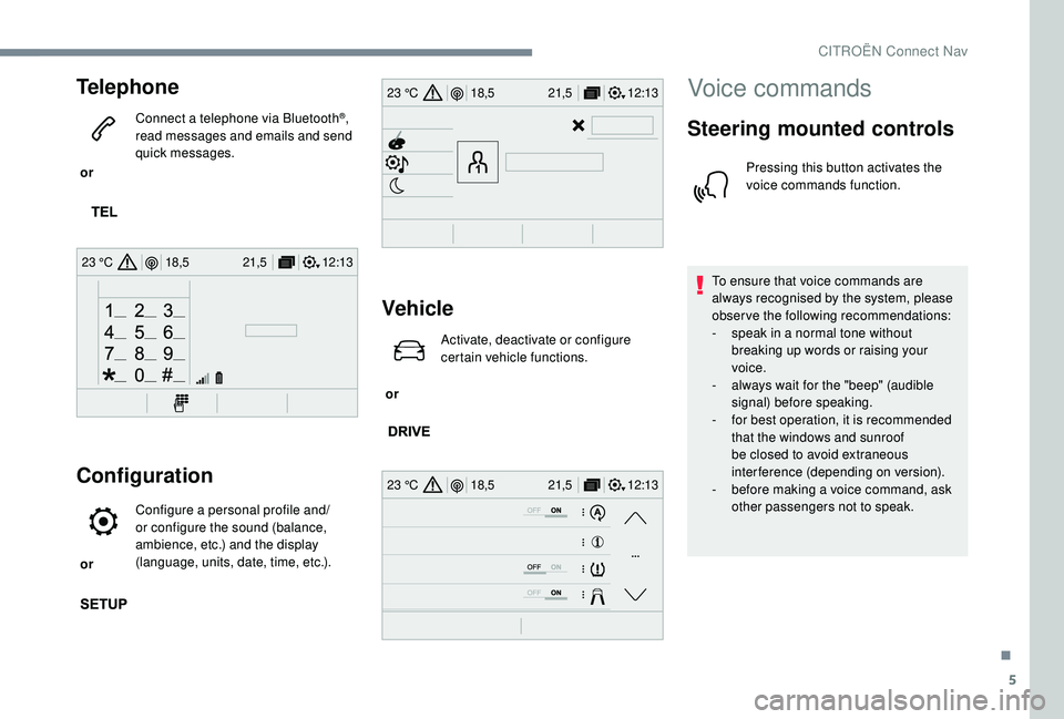 CITROEN C-ELYSÉE 2018 Handbook (in English) 5
12:13
18,5 21,5
23 °C
12:13
18,5 21,5
23 °C
12:13
18,5 21,5
23 °C
Telephone
or Connect a telephone via Bluetooth
®,
read messages and emails and send
quick messages.
Configuration
or Confi CITROEN C-ELYSÉE 2018 Handbook (in English) 5
12:13
18,5 21,5
23 °C
12:13
18,5 21,5
23 °C
12:13
18,5 21,5
23 °C
Telephone
or Connect a telephone via Bluetooth
®,
read messages and emails and send
quick messages.
Configuration
or Confi