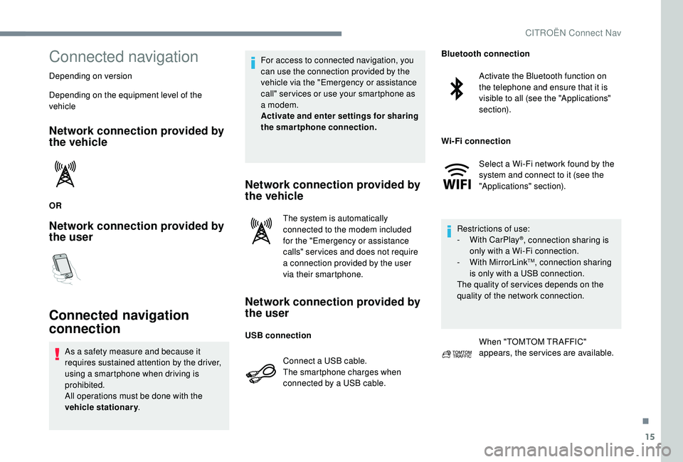 CITROEN C-ELYSÉE 2022 Handbook (in English) 15
Connected navigation
Depending on version
Depending on the equipment level of the
vehicle
Network connection provided by
the vehicle
OR
Network connection provided by
the user
Connected navigati CITROEN C-ELYSÉE 2022 Handbook (in English) 15
Connected navigation
Depending on version
Depending on the equipment level of the
vehicle
Network connection provided by
the vehicle
OR
Network connection provided by
the user
Connected navigati