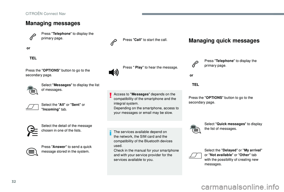CITROEN C-ELYSÉE 2022 Handbook (in English) 32
Managing messages
or Press "
Telephone " to display the
primary page.
Press the " OPTIONS" button to go to the
secondary page.
Select "Messages " to display the list
of CITROEN C-ELYSÉE 2022 Handbook (in English) 32
Managing messages
or Press "
Telephone " to display the
primary page.
Press the " OPTIONS" button to go to the
secondary page.
Select "Messages " to display the list
of