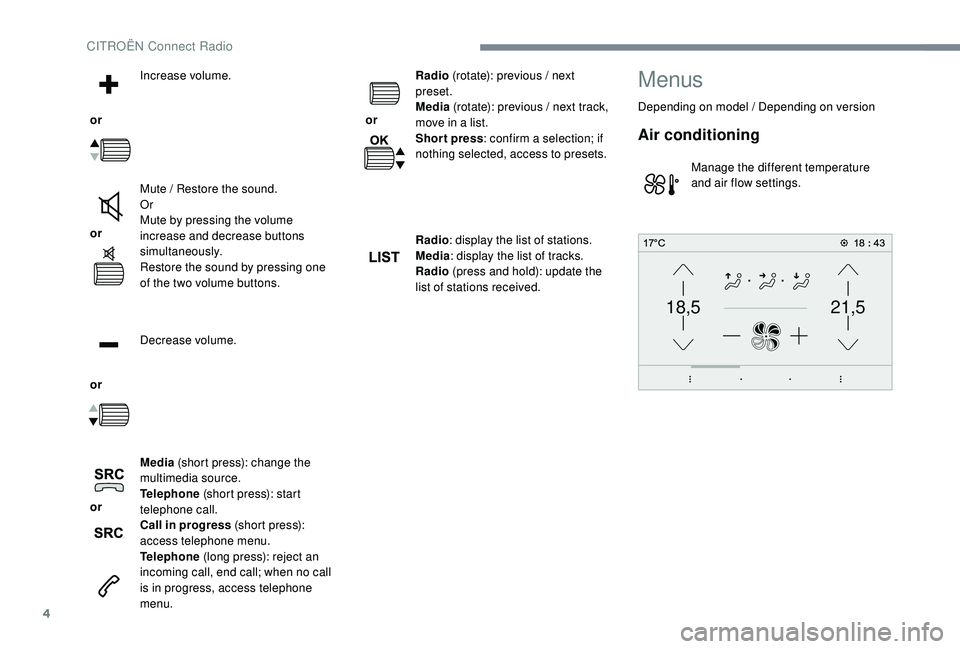 CITROEN C-ELYSÉE 2018 Handbook (in English) 4
21,518,5
or Increase volume.
or Mute / Restore the sound.
Or
Mute by pressing the volume
increase and decrease buttons
simultaneously.
Restore the sound by pressing one
of the two volume butto CITROEN C-ELYSÉE 2018 Handbook (in English) 4
21,518,5
or Increase volume.
or Mute / Restore the sound.
Or
Mute by pressing the volume
increase and decrease buttons
simultaneously.
Restore the sound by pressing one
of the two volume butto