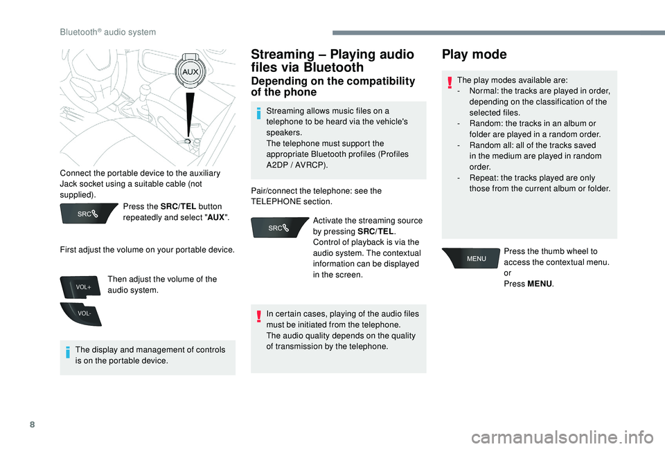CITROEN C-ELYSÉE 2022 Handbook (in English) 8
VOL+
VOL-
Press the SRC/TEL button
repeatedly and select " AUX".
The display and management of controls
is on the portable device.
Streaming – Playing audio
files via Bluetooth
Dependin CITROEN C-ELYSÉE 2022 Handbook (in English) 8
VOL+
VOL-
Press the SRC/TEL button
repeatedly and select " AUX".
The display and management of controls
is on the portable device.
Streaming – Playing audio
files via Bluetooth
Dependin