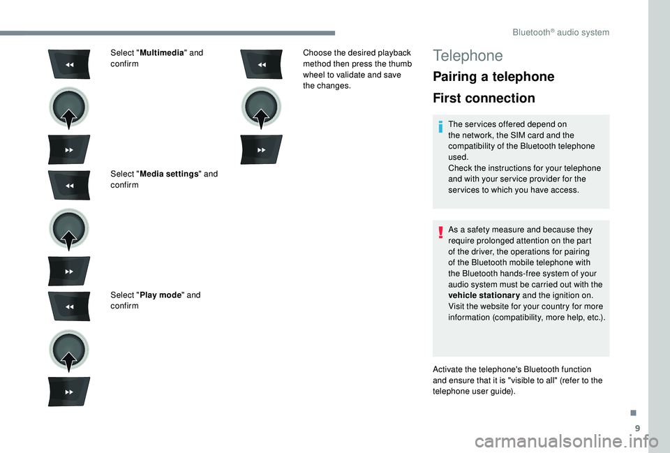 CITROEN C-ELYSÉE 2022  Handbook (in English) 9
Select "Multimedia " and 
confirm
Select " Media settings " and 
confirm
Select " Play mode " and 
confirm Choose the desired playback 
method then press the thumb 
wheel to 