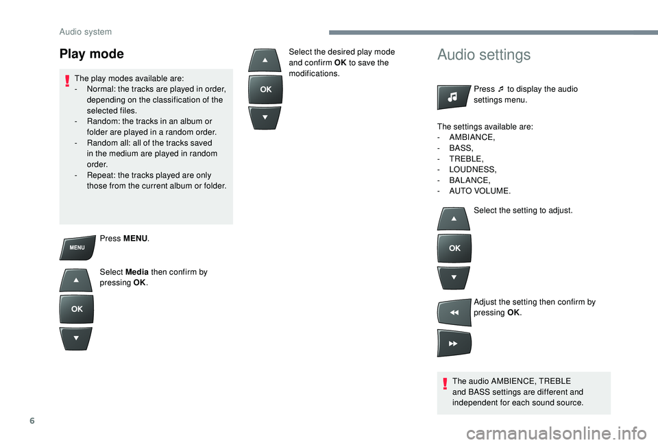 CITROEN C-ELYSÉE 2018 Handbook (in English) 6
Press MENU.
Select Media then confirm by
pressing OK.
Audio settings
Press ¯ to display the audio
settings menu.
The audio AMBIENCE, TREBLE
and BASS settings are different and
independent for CITROEN C-ELYSÉE 2018 Handbook (in English) 6
Press MENU.
Select Media then confirm by
pressing OK.
Audio settings
Press ¯ to display the audio
settings menu.
The audio AMBIENCE, TREBLE
and BASS settings are different and
independent for