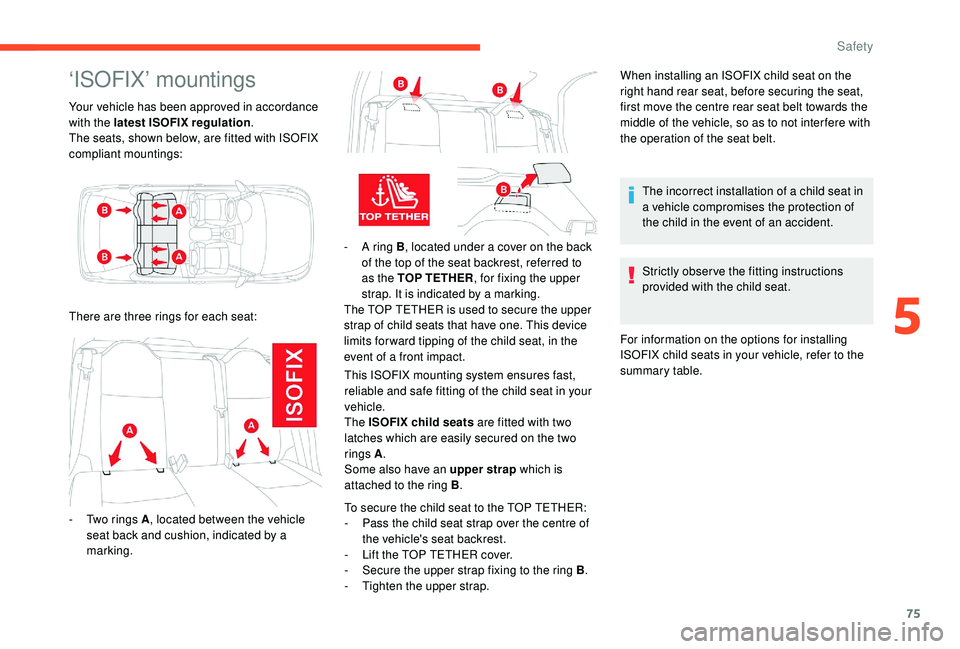 CITROEN C-ELYSÉE 2018  Handbook (in English) 75
‘ISOFIX’ mountings
Your vehicle has been approved in accordance 
with the latest ISOFIX regulation.
The seats, shown below, are fitted with ISOFIX 
compliant mountings:
-
 
A r
 ing B, located 