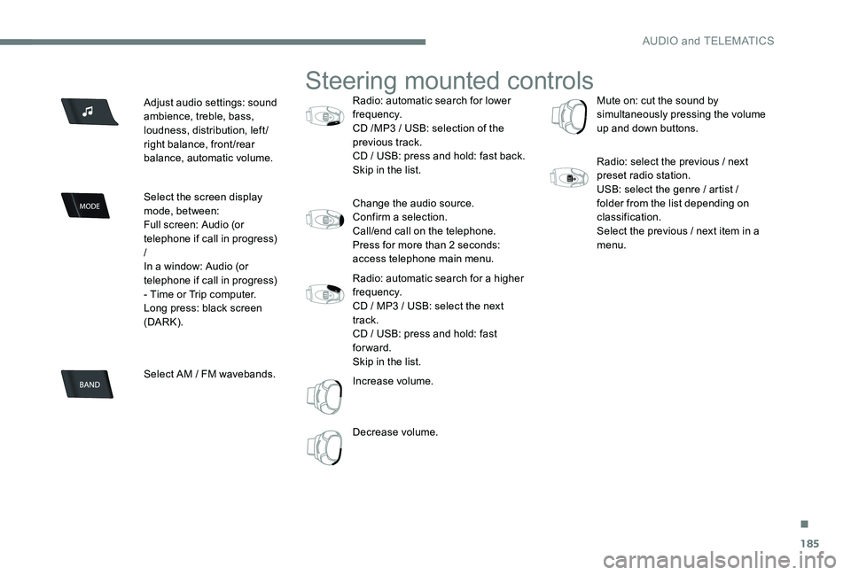 CITROEN C-ELYSÉE 2017 Handbook (in English) 185
Adjust audio settings: sound
ambience, treble, bass,
loudness, distribution, left/
right balance, front/rear
balance, automatic volume.
Select the screen display
mode, between:
Full screen: Au CITROEN C-ELYSÉE 2017 Handbook (in English) 185
Adjust audio settings: sound
ambience, treble, bass,
loudness, distribution, left/
right balance, front/rear
balance, automatic volume.
Select the screen display
mode, between:
Full screen: Au