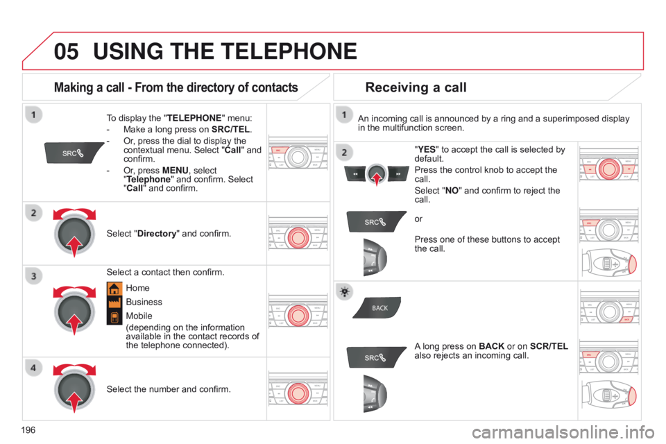 CITROEN C-ELYSÉE 2016 Handbook (in English)
05
BACK
196
USING THE TELEPHONE
To display the " TELEPHONE" menu:
-
Make a long press on SRC/TEL
.
-
Or
, press the dial to display the
contextual menu. Select " Call" and CITROEN C-ELYSÉE 2016 Handbook (in English)
05
BACK
196
USING THE TELEPHONE
To display the " TELEPHONE" menu:
-
Make a long press on SRC/TEL
.
-
Or
, press the dial to display the
contextual menu. Select " Call" and