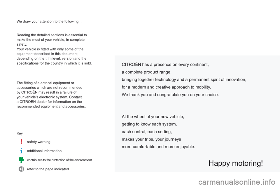 CITROEN C-ELYSÉE 2016  Handbook (in English) We draw your attention to the following...
keys

afety warning
additional information
contributes to the protection of the environment
refer to the page indicated
Reading the detailed sections is esse