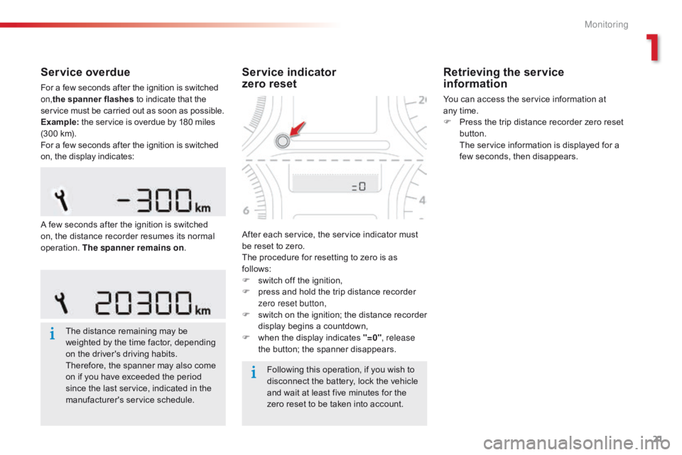 CITROEN C-ELYSÉE 2016  Handbook (in English) 21
Service overdue
For a few seconds after the ignition is switched 
on,the spanner flashes to indicate that the 
service must be carried out as soon as possible.
Example:  the service is overdue by 1