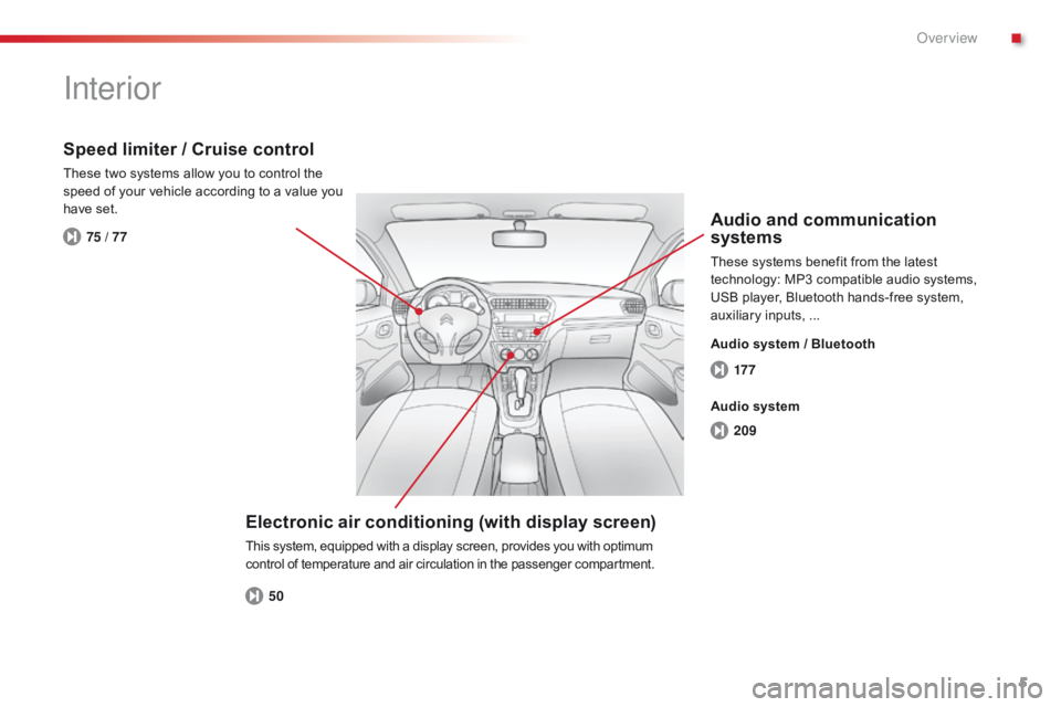 CITROEN C-ELYSÉE 2016  Handbook (in English) 5
C-Elysee_en_Chap00b_vue-ensemble_ed01-2014
17 7
209
50
75 / 77
Interior
Electronic air conditioning (with display screen)
This system, equipped with a display screen, provides you with optimum 
cont